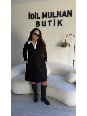 Siyah Beyaz Gömlek Yaka Elbise