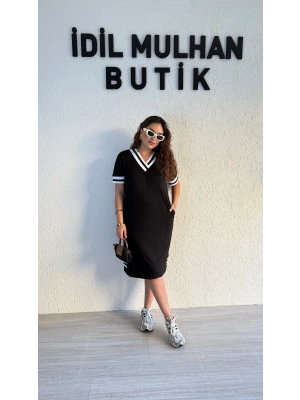 Siyah Beyaz Şeritli Basic Elbise