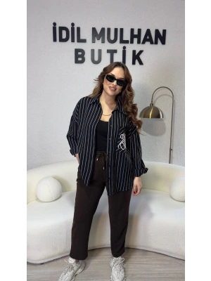 Siyah Cebi İşlemeli Çizgili Gömlek