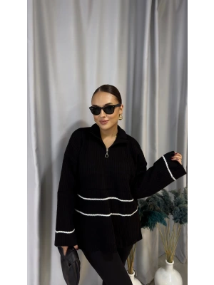 Siyah Çift Çizgi Detaylı Triko Kazak