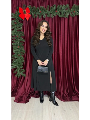 Siyah Çift Yırtmaçlı V Yaka Sandy Elbise