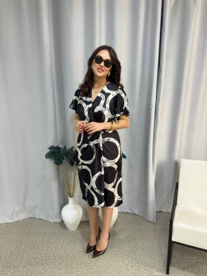 Siyah Desenli Saten Elbise