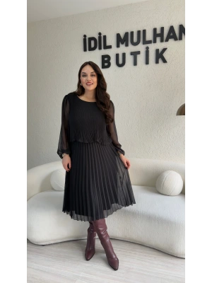 Siyah Dökümlü Piliseli Midi Elbise
