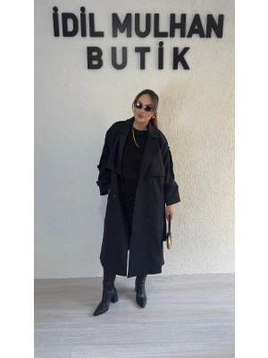 Siyah Düğme Detaylı Trençkot
