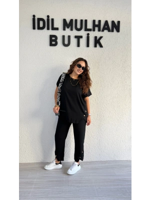 Siyah Düğme Detaylı Viskon Takım