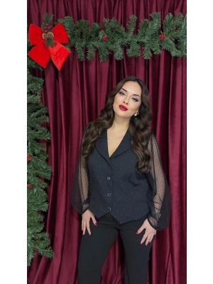 Siyah Erkek Yaka Kolları Puantiyeli Taşlı Bluz