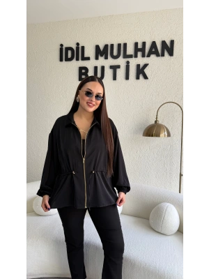 Siyah Fermuarlı Bel Büzgülü Ceket