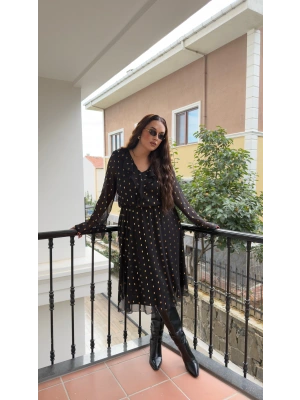 Siyah Gold Benekli Şifon Elbise