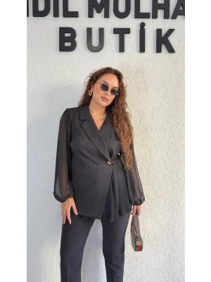 Siyah Gold Düğme Detaylı Piliseli Premium Ceket