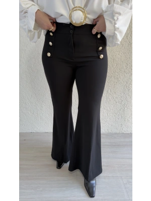 Siyah Gold Düğmeli İspanyol Paça Pantolon