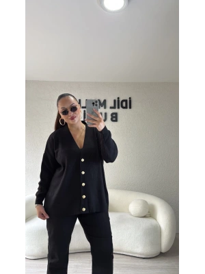 Siyah Gold Düğmeli Triko Hırka