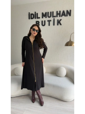 Siyah Gold Fermuarlı Oysh Kumaş Elbise
