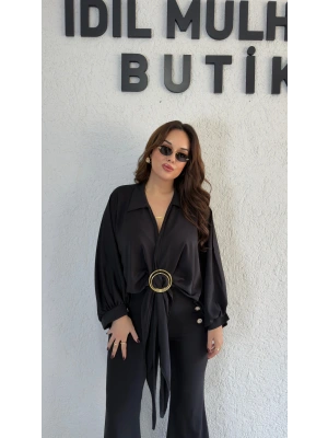 Siyah Gold Tokalı Bağlamalı Bluz