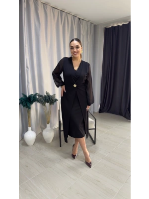 Siyah Hırka Görünümlü Gold Düğme Detaylı Abiye