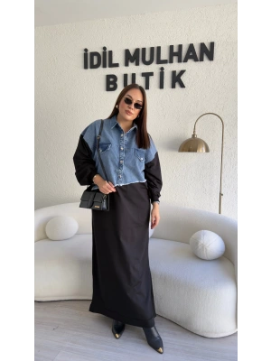 Siyah Jean Detaylı Pamuklu Elbise
