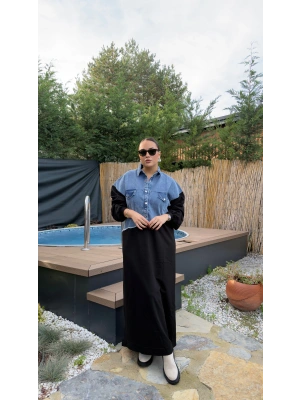Siyah Jean Detaylı Pamuklu Elbise