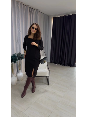 Siyah Kare Yaka Midi Boy Elbise