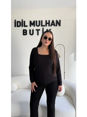 Siyah Kare Yaka Oysh Kumaş Bluz