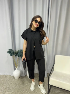 Siyah Keten Kısa Kollu Takım