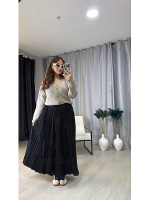 Siyah Kırışık Kumaş Kraş Etek