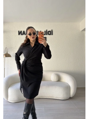 Siyah Kruvaze Pile Detaylı Elbise