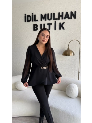 Siyah Kruvaze Yaka Şifon Kollu Bluz