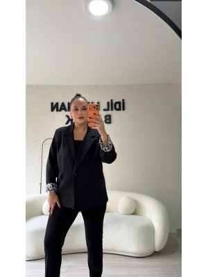 Siyah Leopar Detaylı Blazer Ceket