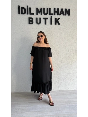 Siyah Madonna Yaka Etek Ucu Fırfırlı Elbise