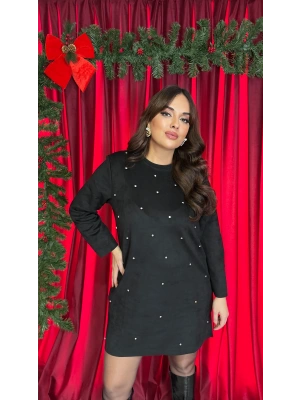 Siyah Nubuk Kumaş Taşlı Elbise