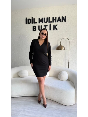 Siyah Omuzları Vatkalı V Yaka Elbise