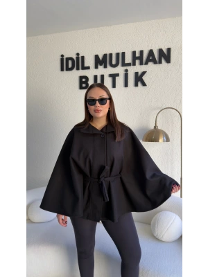 Siyah Oversize Kaşe Kuşaklı Panço