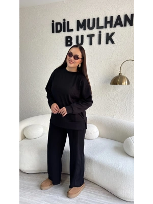 Siyah Pamuklu Yanı Şerit Desenli Takım