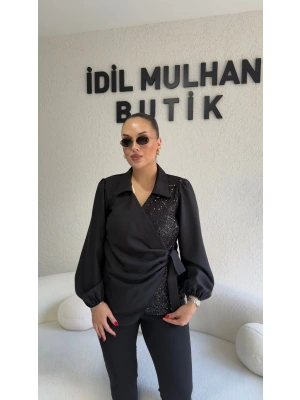 Siyah Payetli Bağlama Detaylı Bluz