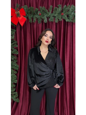 Siyah Payetli Bağlama Detaylı Kadife Bluz
