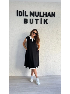 Siyah Polo Yaka Beyaz Şeritli Kolsuz Elbise
