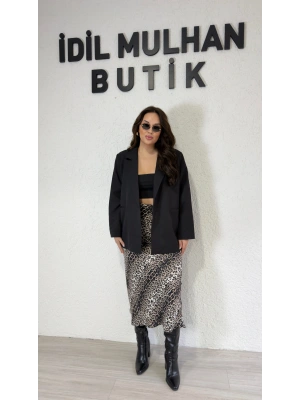 Siyah Saten Leopar Etek