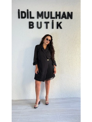 Siyah Şifon Kol Gold Düğme Detaylı Elbise