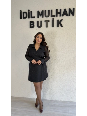 Siyah Şifon Kol Taşlı Bağlamalı Elbise