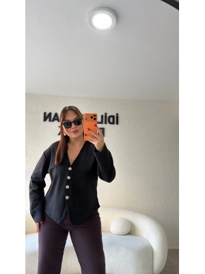 Siyah Silver Düğmeli Triko Hırka