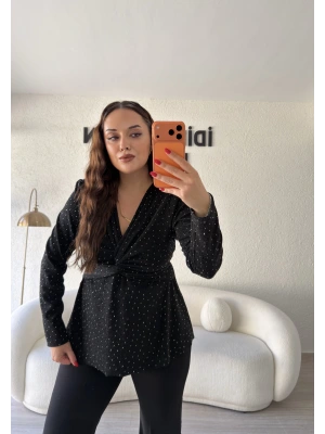 Siyah Sim Detaylı Taş İşlemeli Bluz