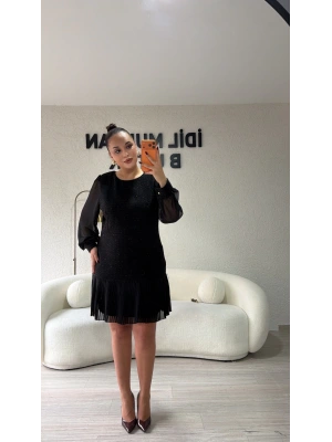 Siyah Sim Dokulu Piliseli Elbise