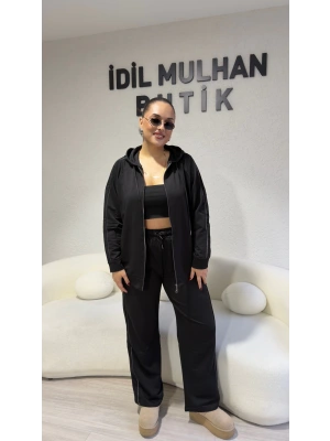 Siyah Sim Şeritli Kapşonlu Takım