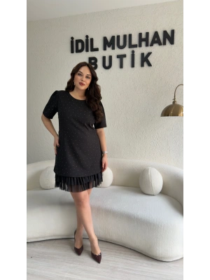 Siyah Taşlı Double Tül Fırfır Detaylı Elbise