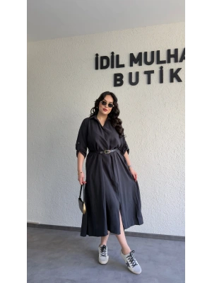 Siyah Tensel Dokulu Kemerli Elbise