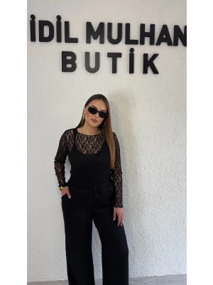 Siyah Transparan Dantel Bluz