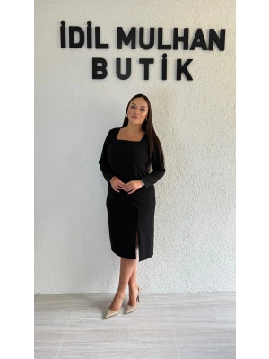Siyah Uzun Kollu Kare Yaka Krep Elbise