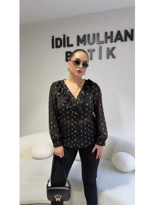 Siyah Volanlı Gold Varaklı Bluz
