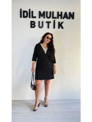 Siyah Yaka Ve Kol Güpür Detaylı Elbise