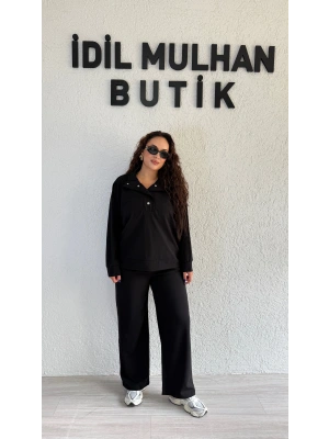 Siyah Yakası Düğmeli Büyük Beden Takım