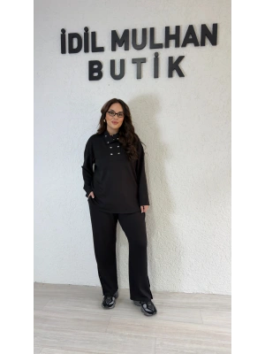 Siyah Yakası Silver Çıtçıt Detaylı Takım